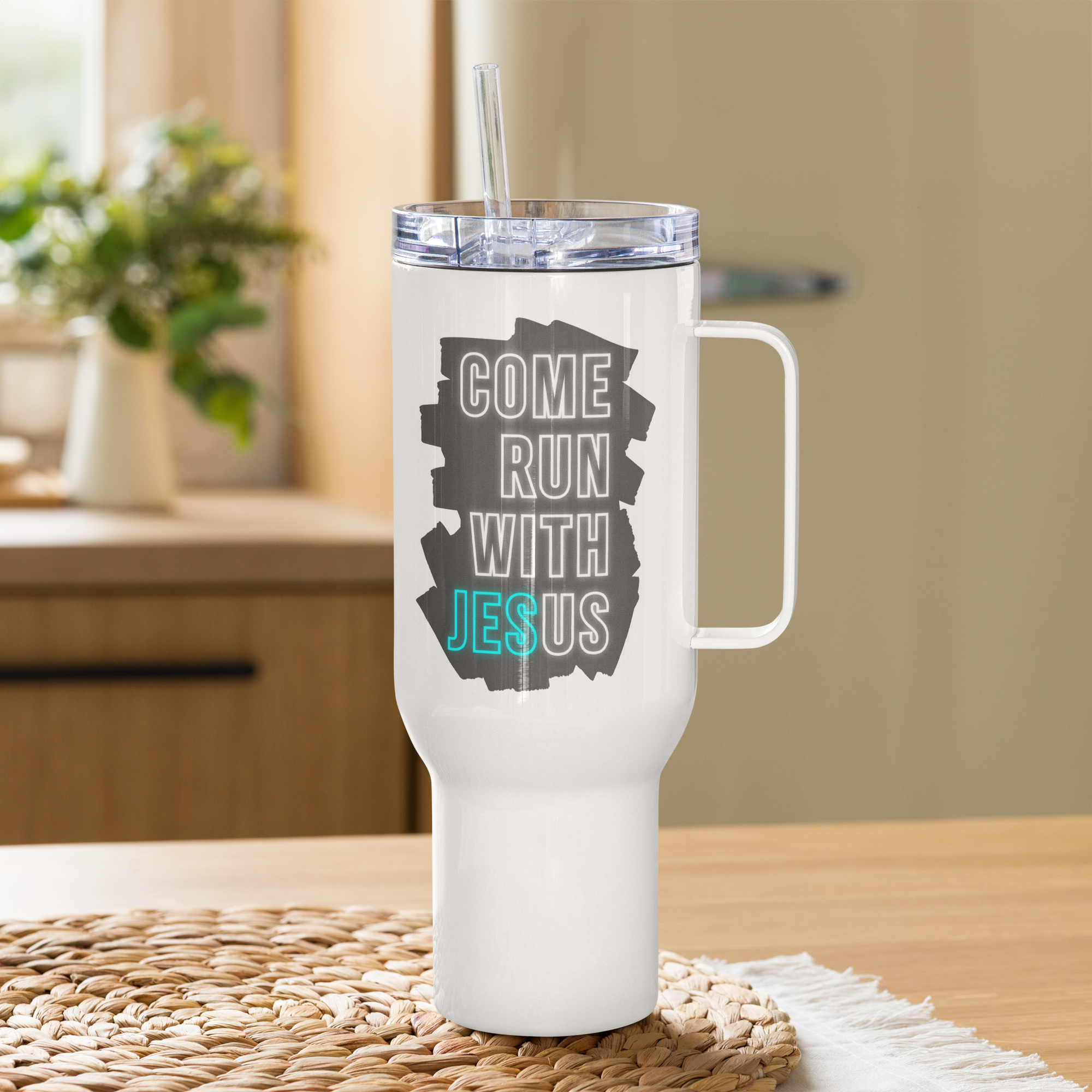 Come Run With Jesus Neon Blue Travel Mug With Handle (25 oz / 40 oz)