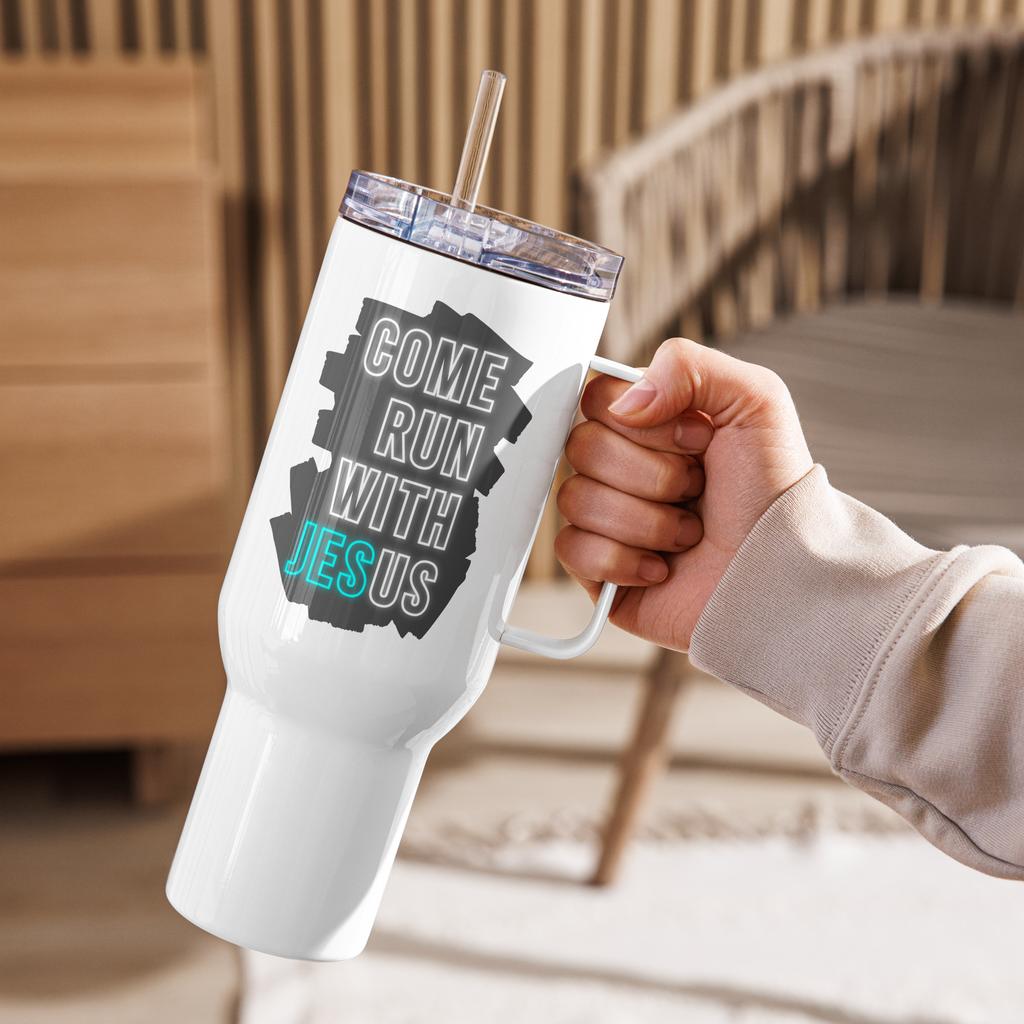 Come Run With Jesus Neon Blue Travel Mug With Handle (25 oz / 40 oz)
