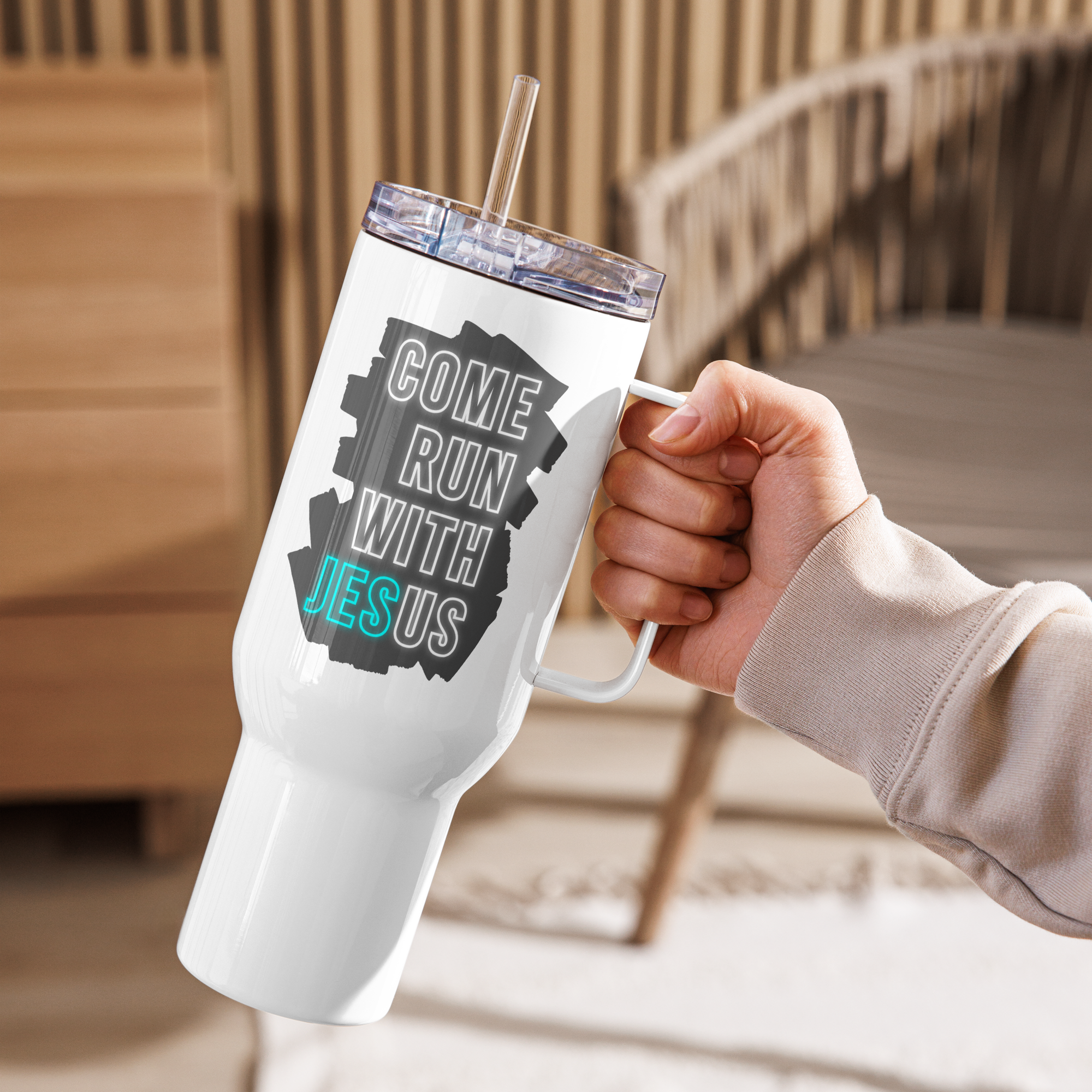 Come Run With Jesus Neon Blue Travel Mug With Handle (25 oz / 40 oz)
