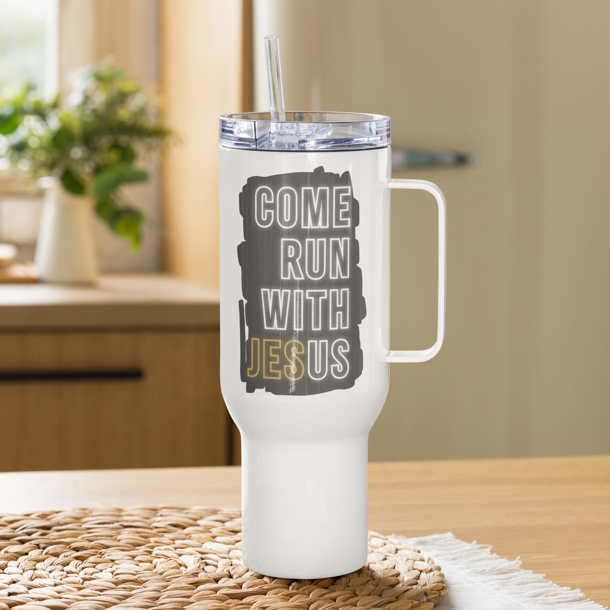Come Run With Jesus Gold Travel Mug With Handle (25 oz / 40 oz)