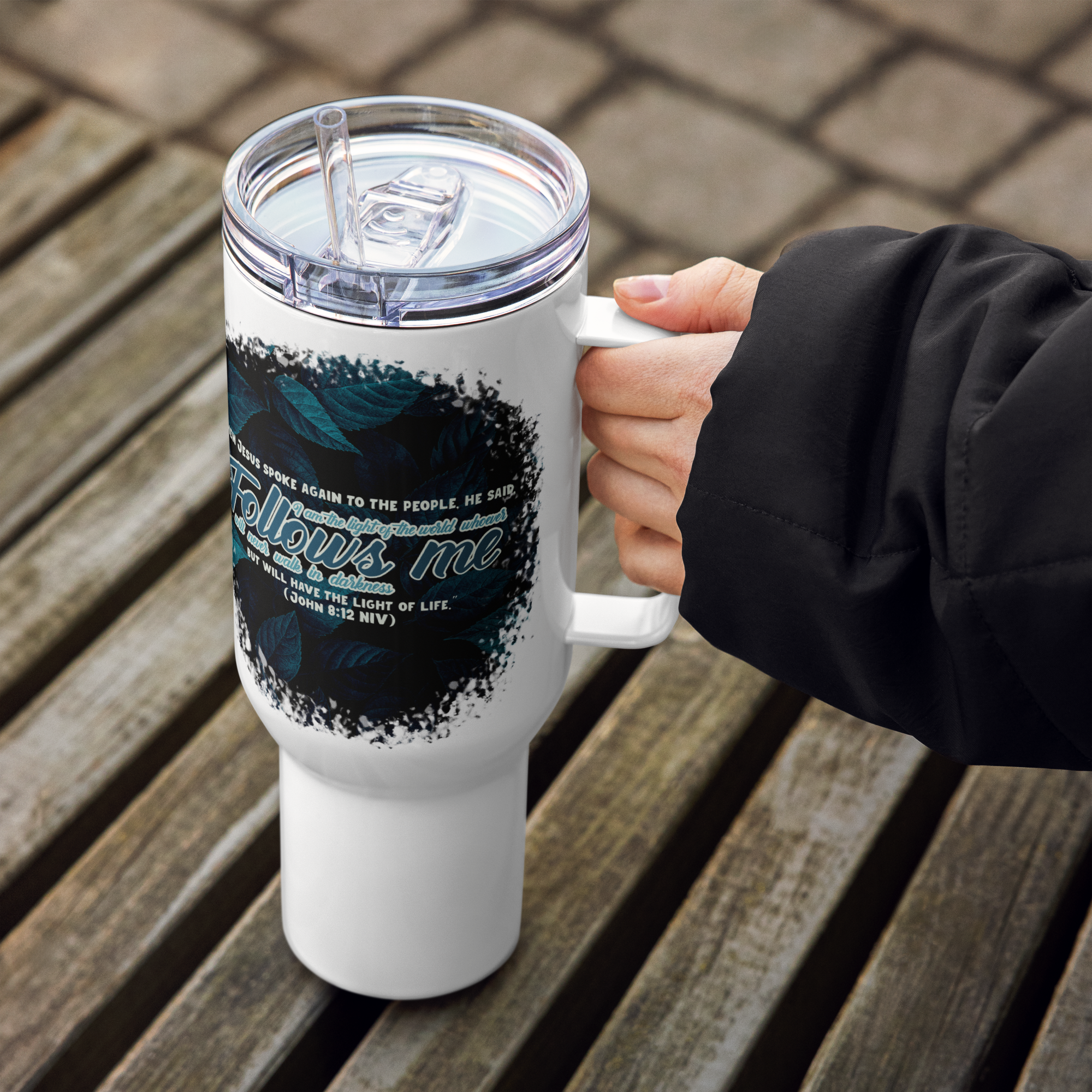Light Of The World: John 8:12 Travel Mug With Handle (25 oz / 40 oz)