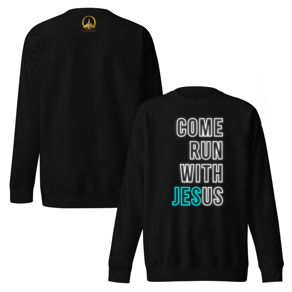 Come Run With Jesus Neon Blue Unisex Premium Sweatshirt