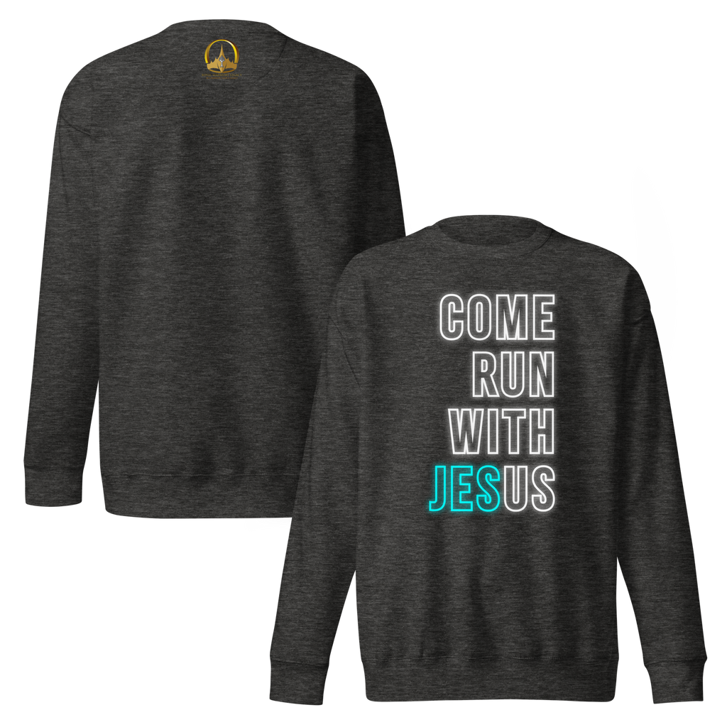 Come Run With Jesus Neon Blue Unisex Premium Sweatshirt