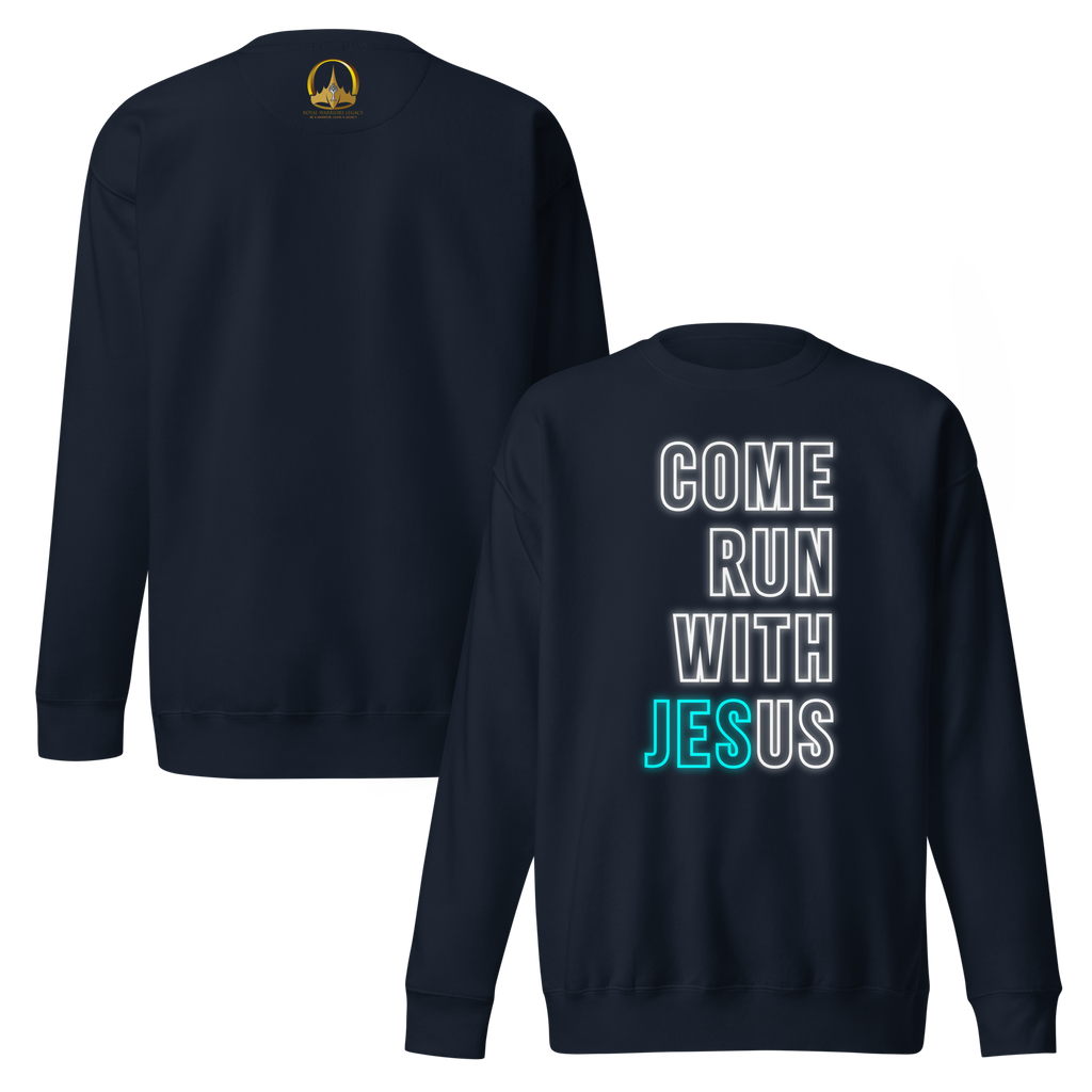 Come Run With Jesus Neon Blue Unisex Premium Sweatshirt