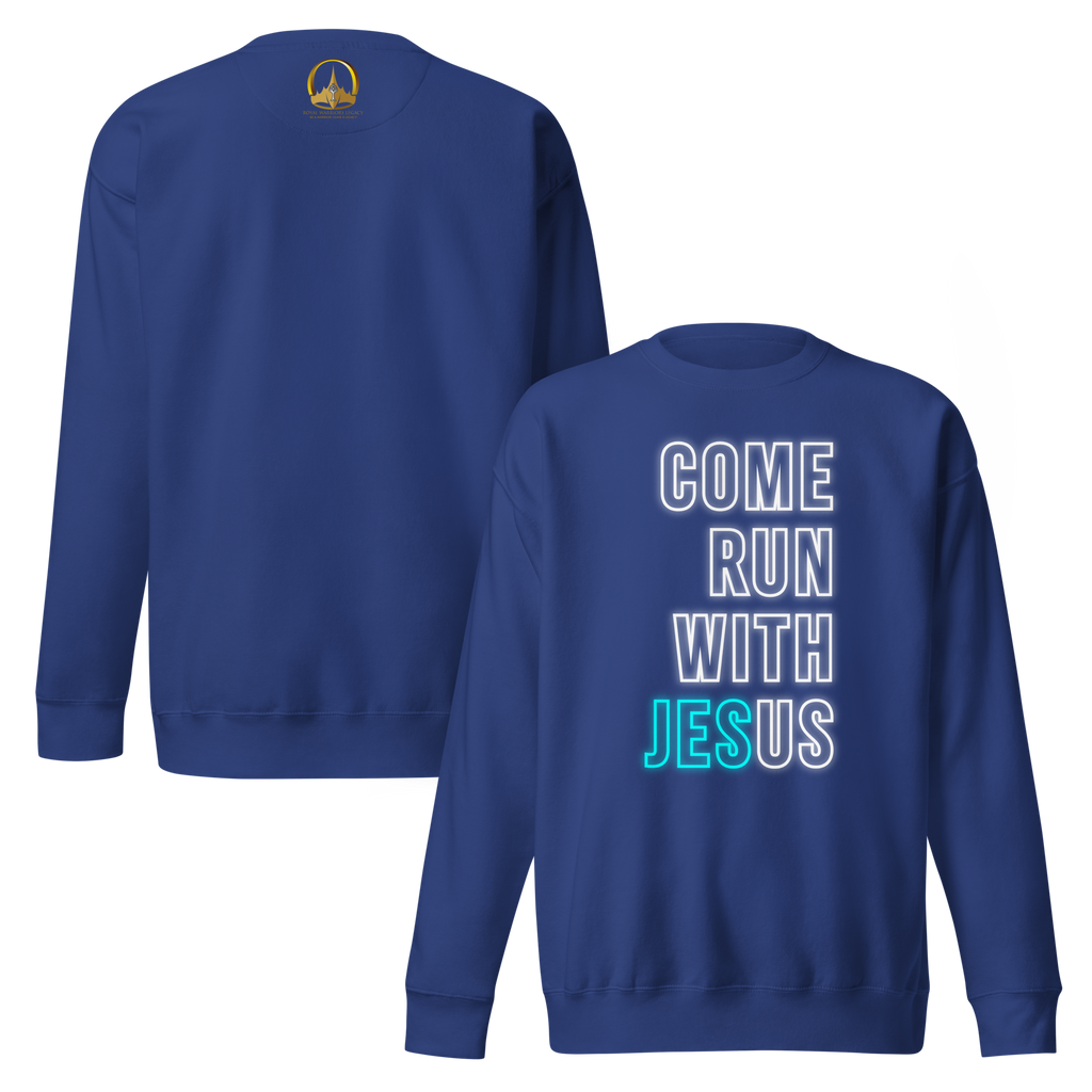 Come Run With Jesus Neon Blue Unisex Premium Sweatshirt