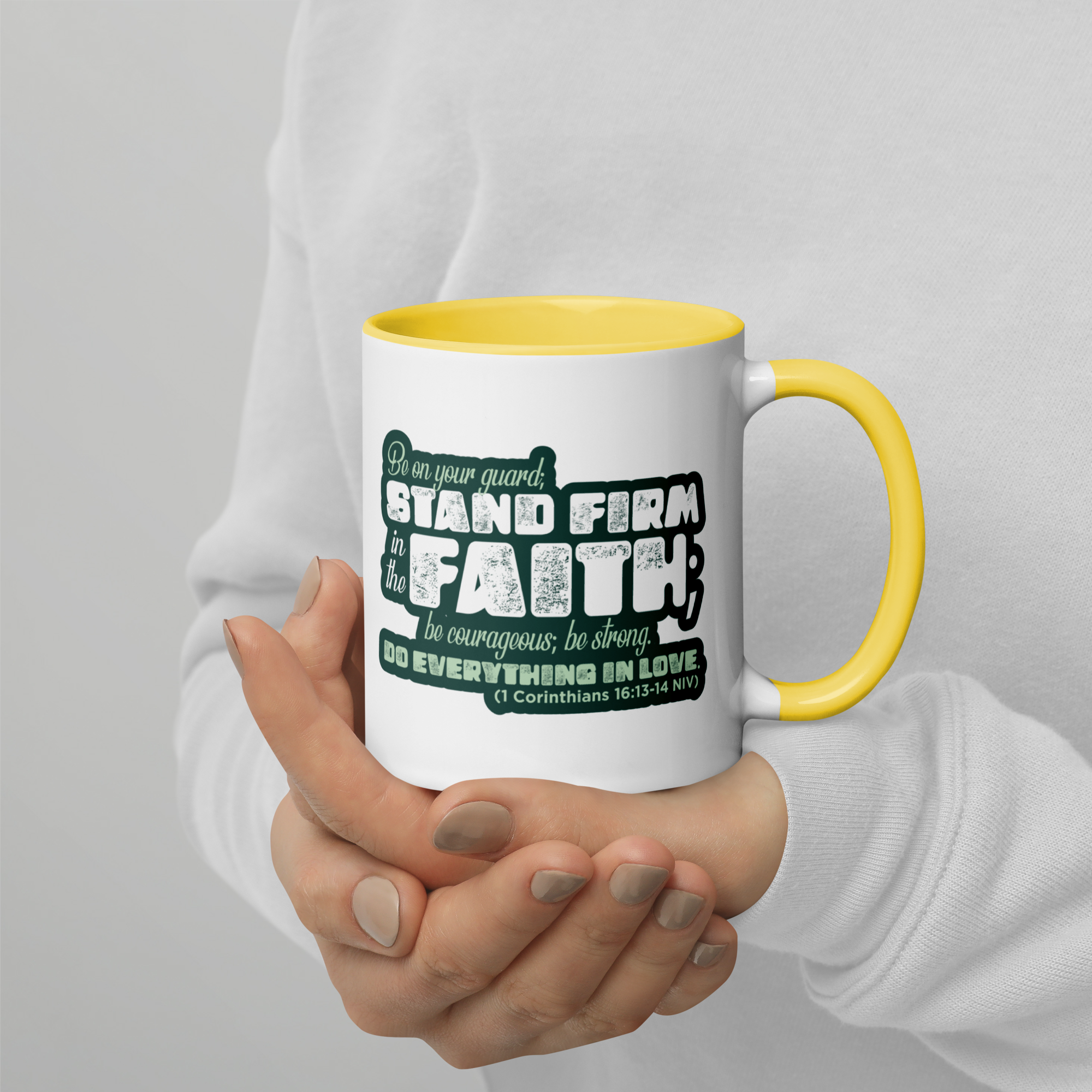 Stand Firm in Faith: 1 Corinthians 16:13-14 Colored Mug (11 oz / 15 oz)