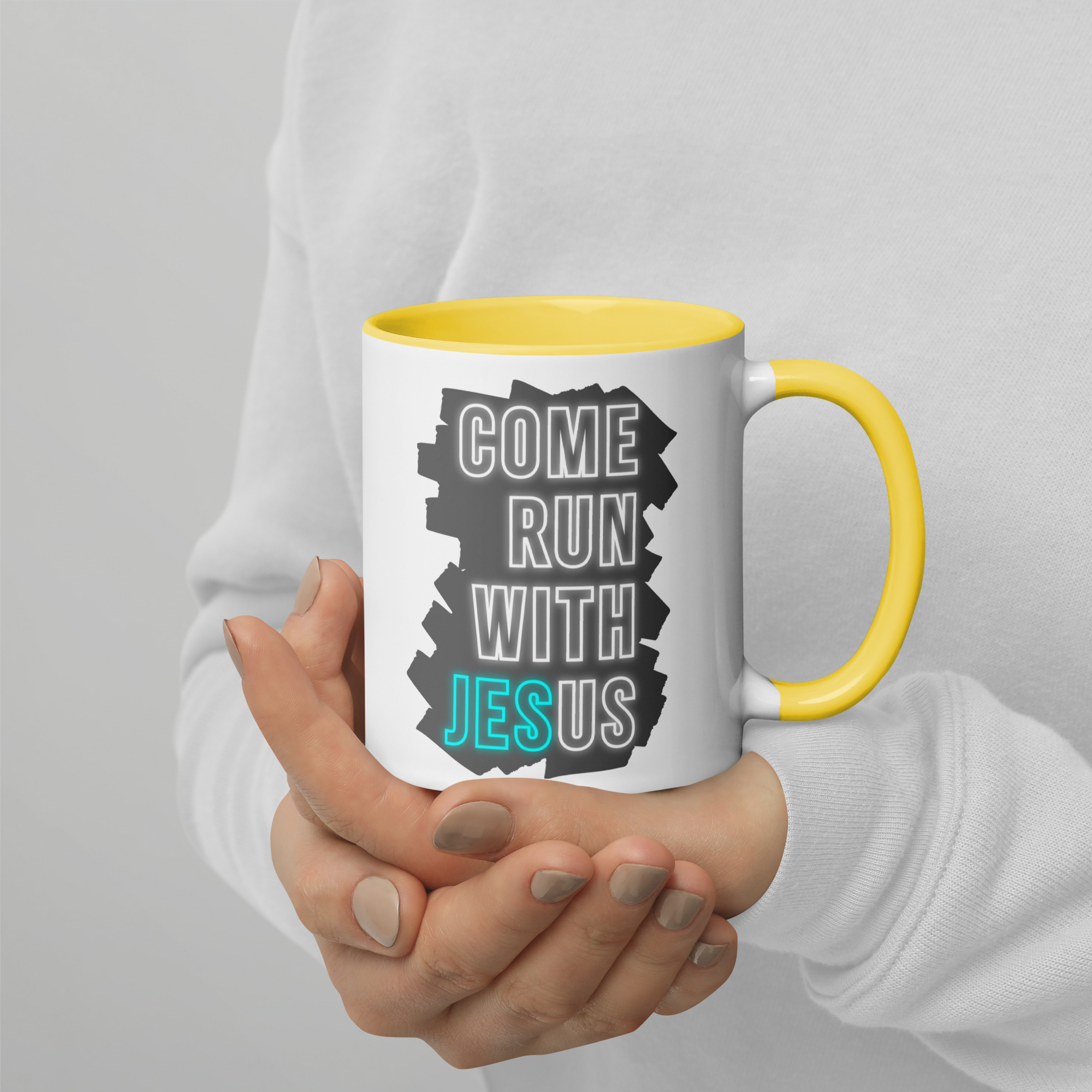 Come Run With Jesus Neon Blue Colored Mug (11 oz / 15 oz)