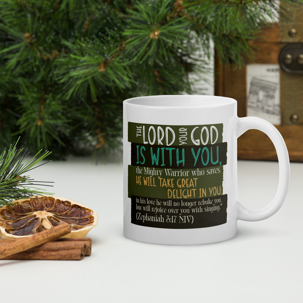 Rejoice in His Love: Zephaniah 3:17 White Glossy Mug (11 oz / 15 oz / 20 oz)