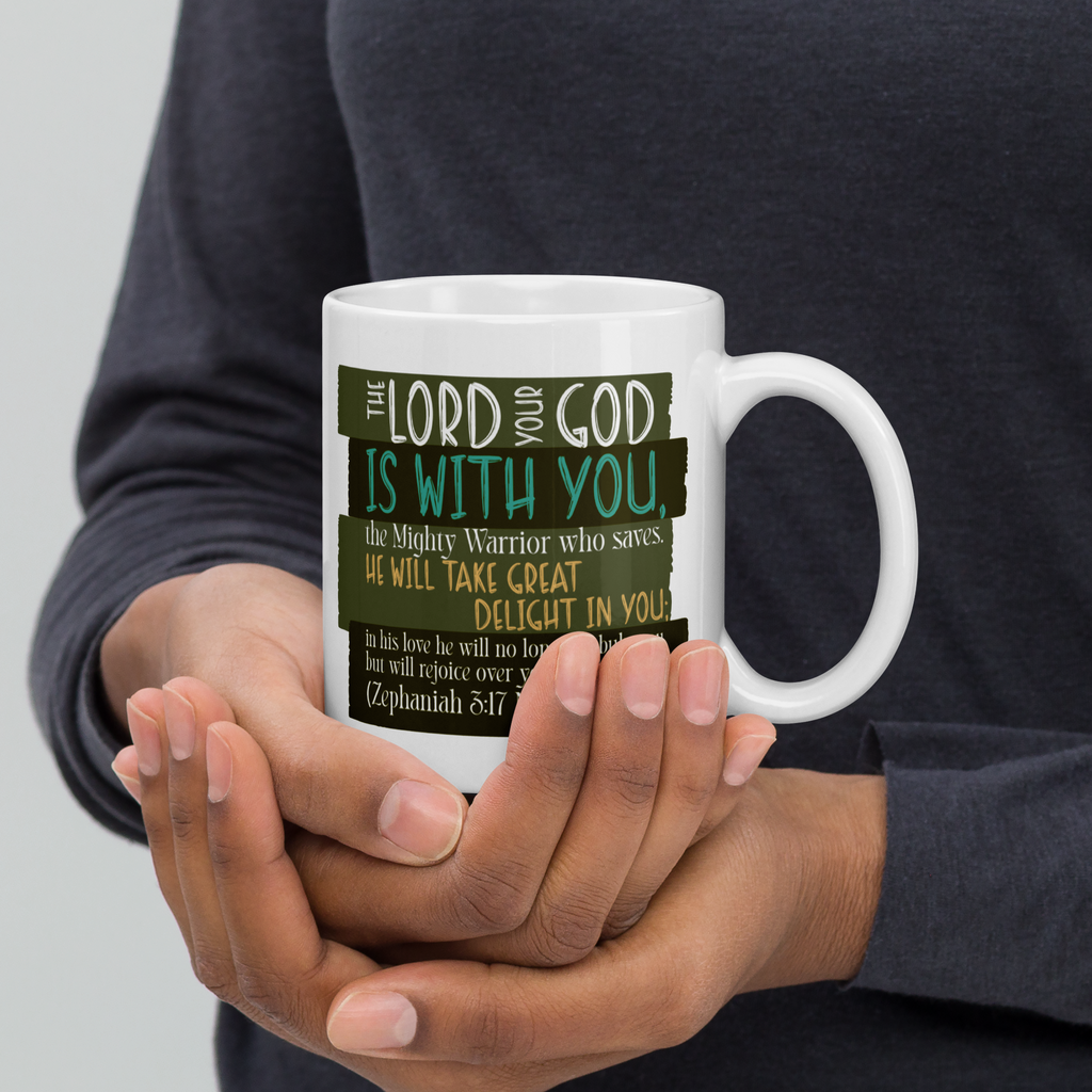 Rejoice in His Love: Zephaniah 3:17 White Glossy Mug (11 oz / 15 oz / 20 oz)