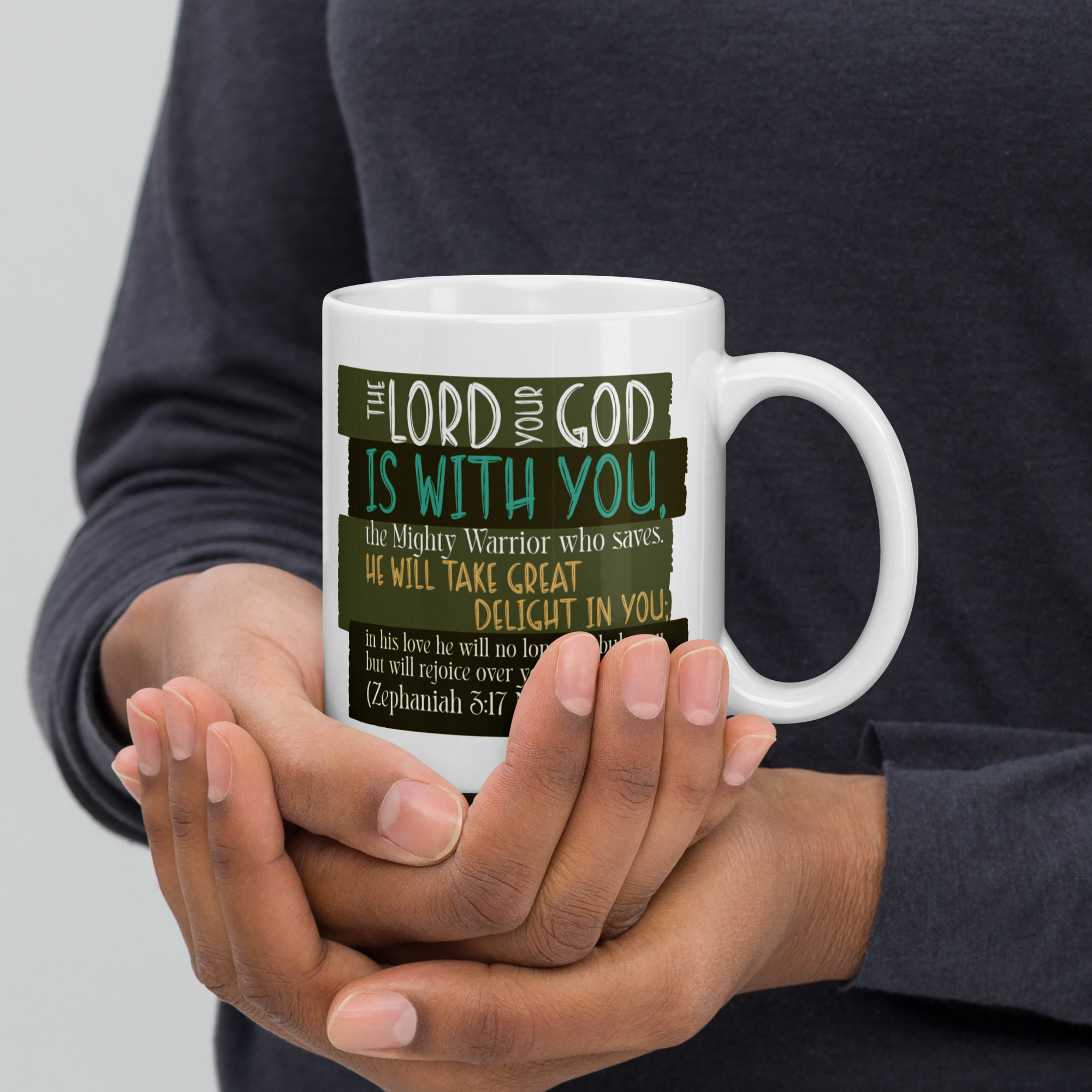 Rejoice in His Love: Zephaniah 3:17 White Glossy Mug (11 oz / 15 oz / 20 oz)