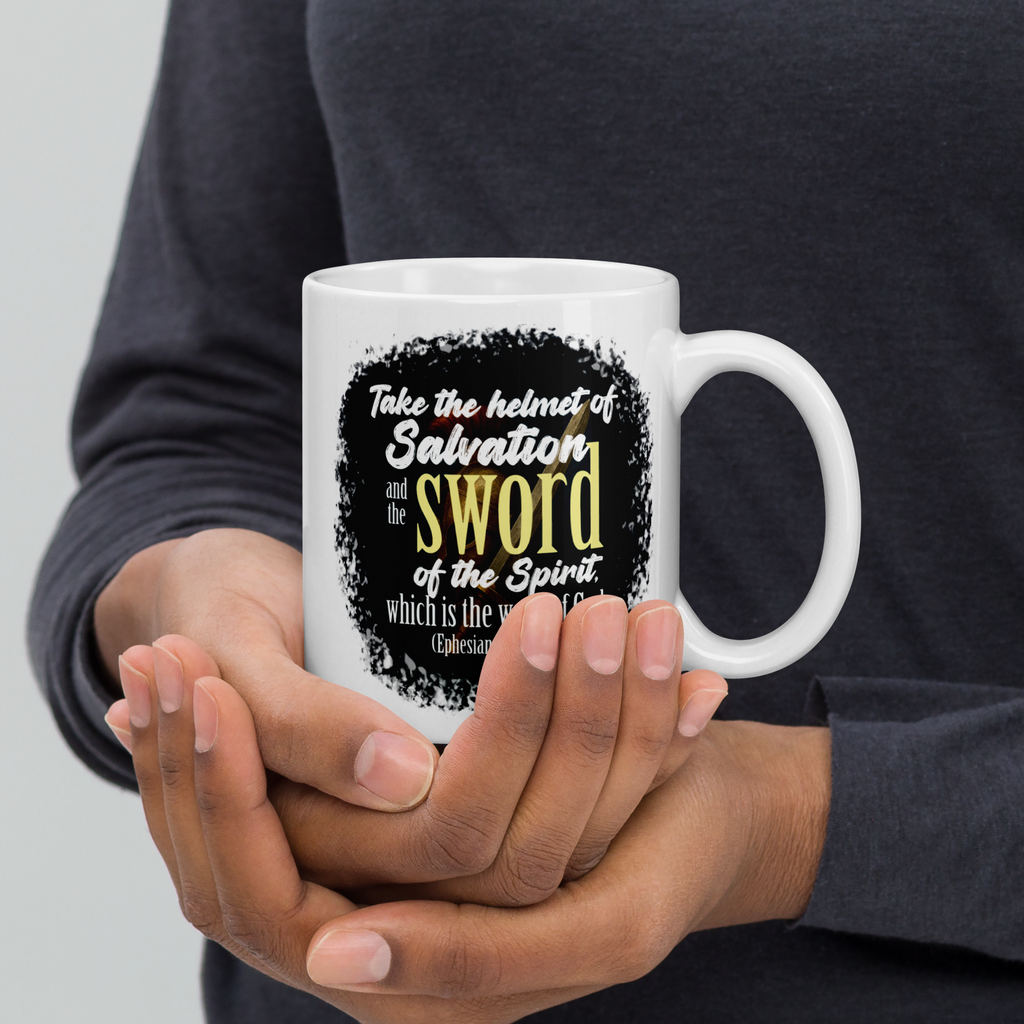 Sword & Salvation: Ephesians 6:17 White Glossy Mug (11 oz / 15 oz / 20 oz)