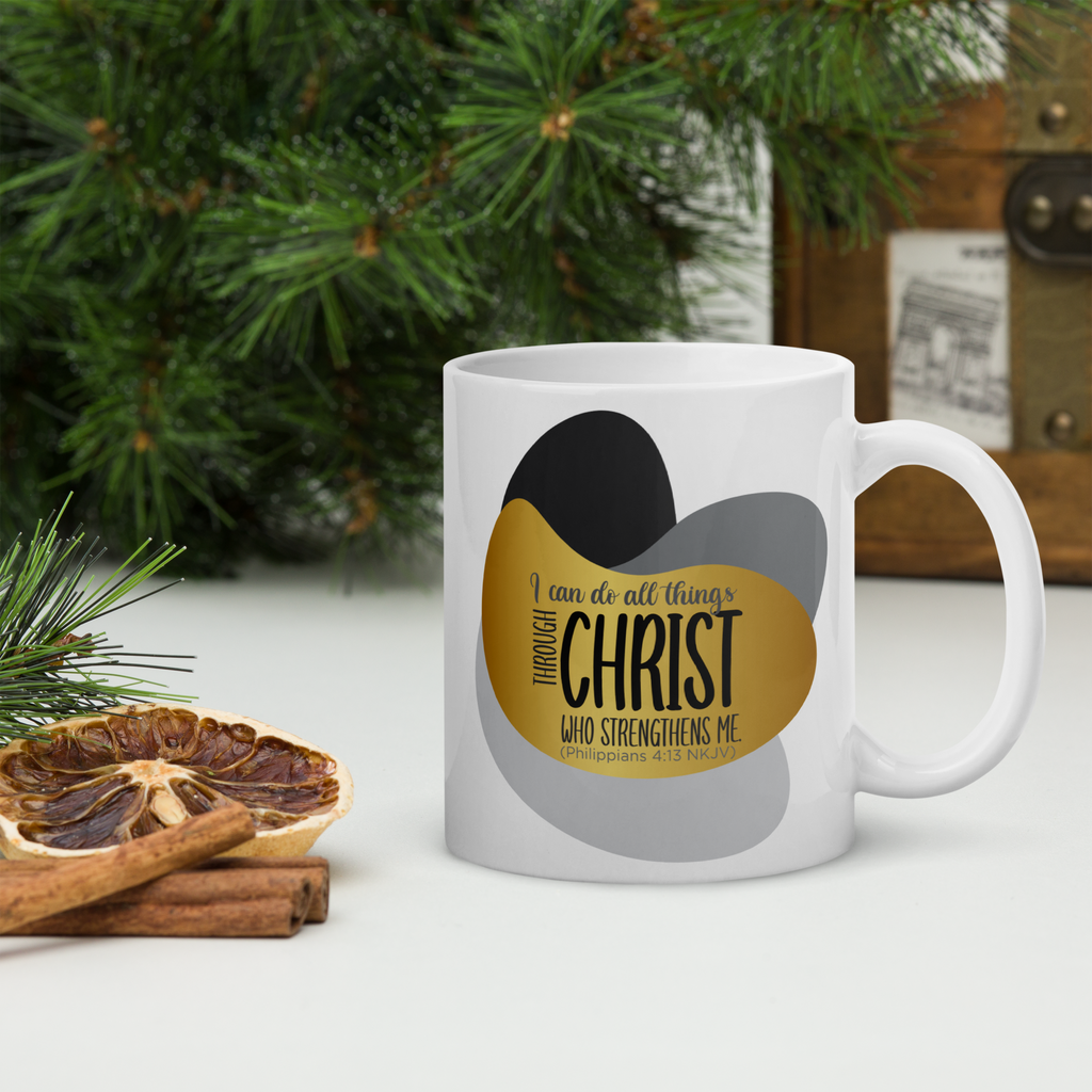 Empowered by Christ: Philippians 4:13 White Glossy Mug (11 oz / 15 oz / 20 oz)