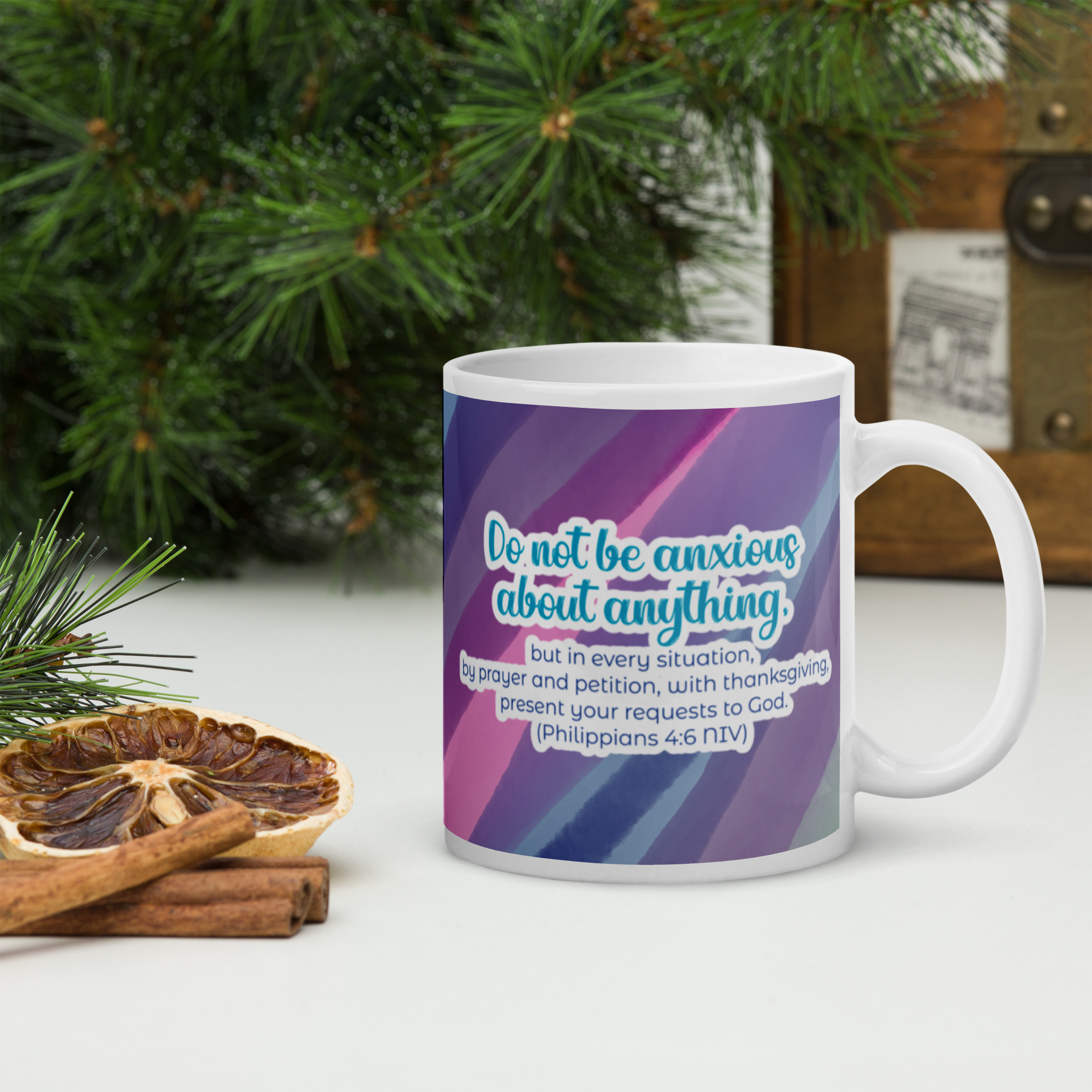 Prayer & Gratitude: Philippians 4:6 White Glossy Mug (11 oz / 15 oz / 20 oz)