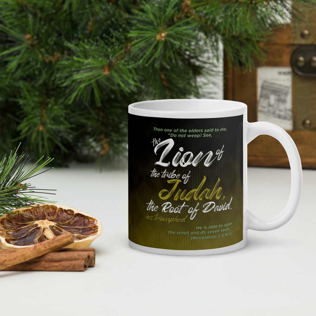 Lion of Judah & Root of David: Revelation 5:5 White Glossy Mug (11 oz / 15 oz / 20 oz)