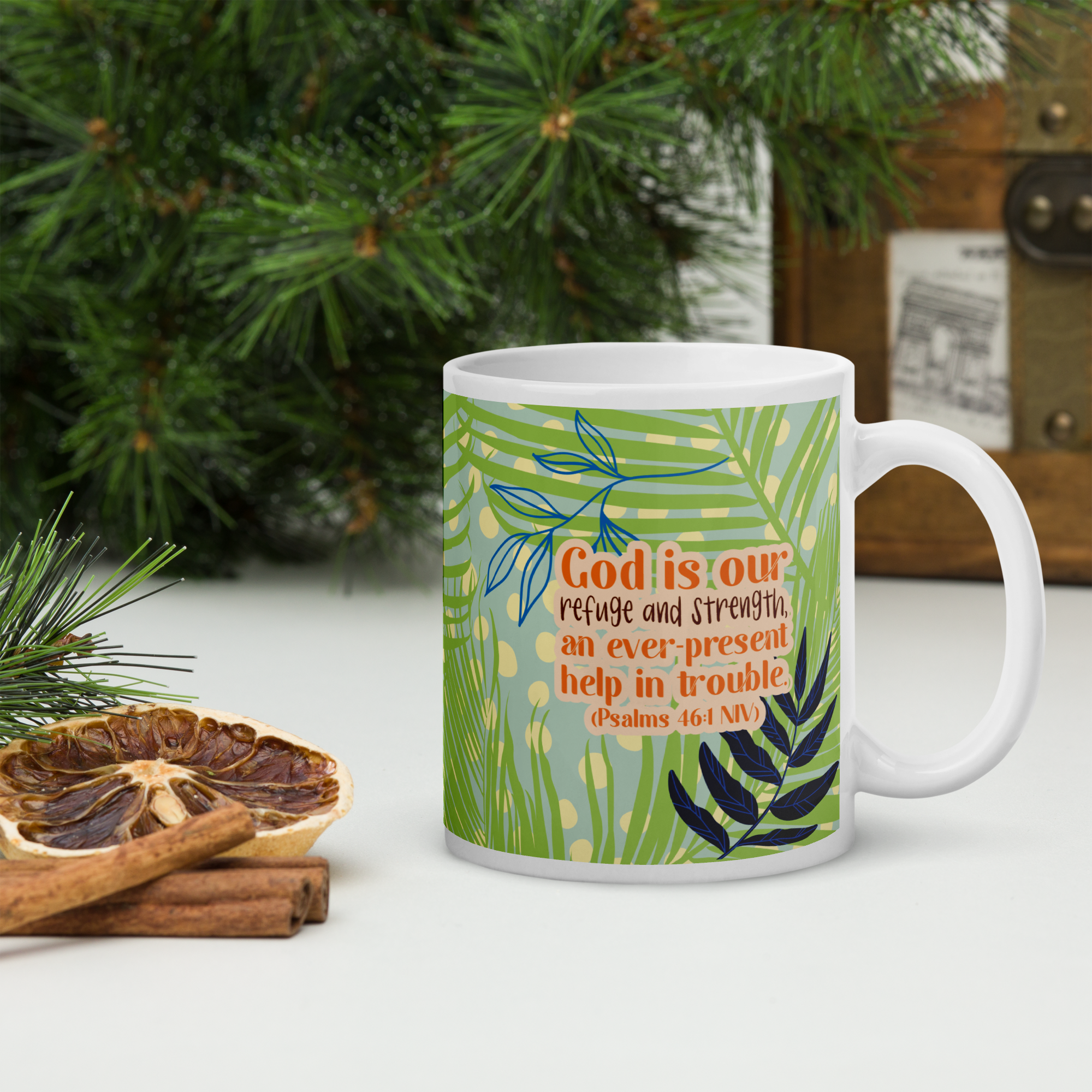 God Our Refuge: Psalm 46:1 White Glossy Mug (11 oz / 15 oz / 20 oz)