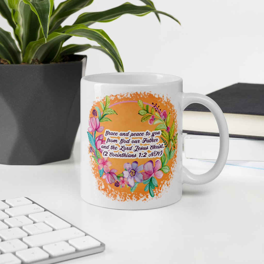 Grace & Peace Blooms: 2 Corinthians 1:2 White Glossy Mug (11 oz / 15 oz / 20 oz)