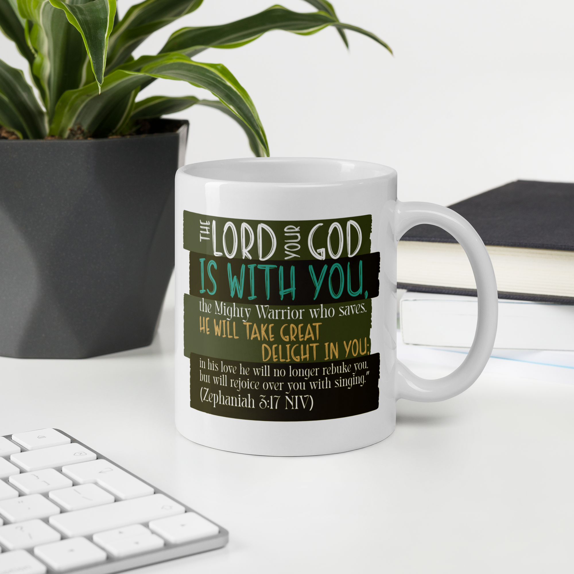 Rejoice in His Love: Zephaniah 3:17 White Glossy Mug (11 oz / 15 oz / 20 oz)