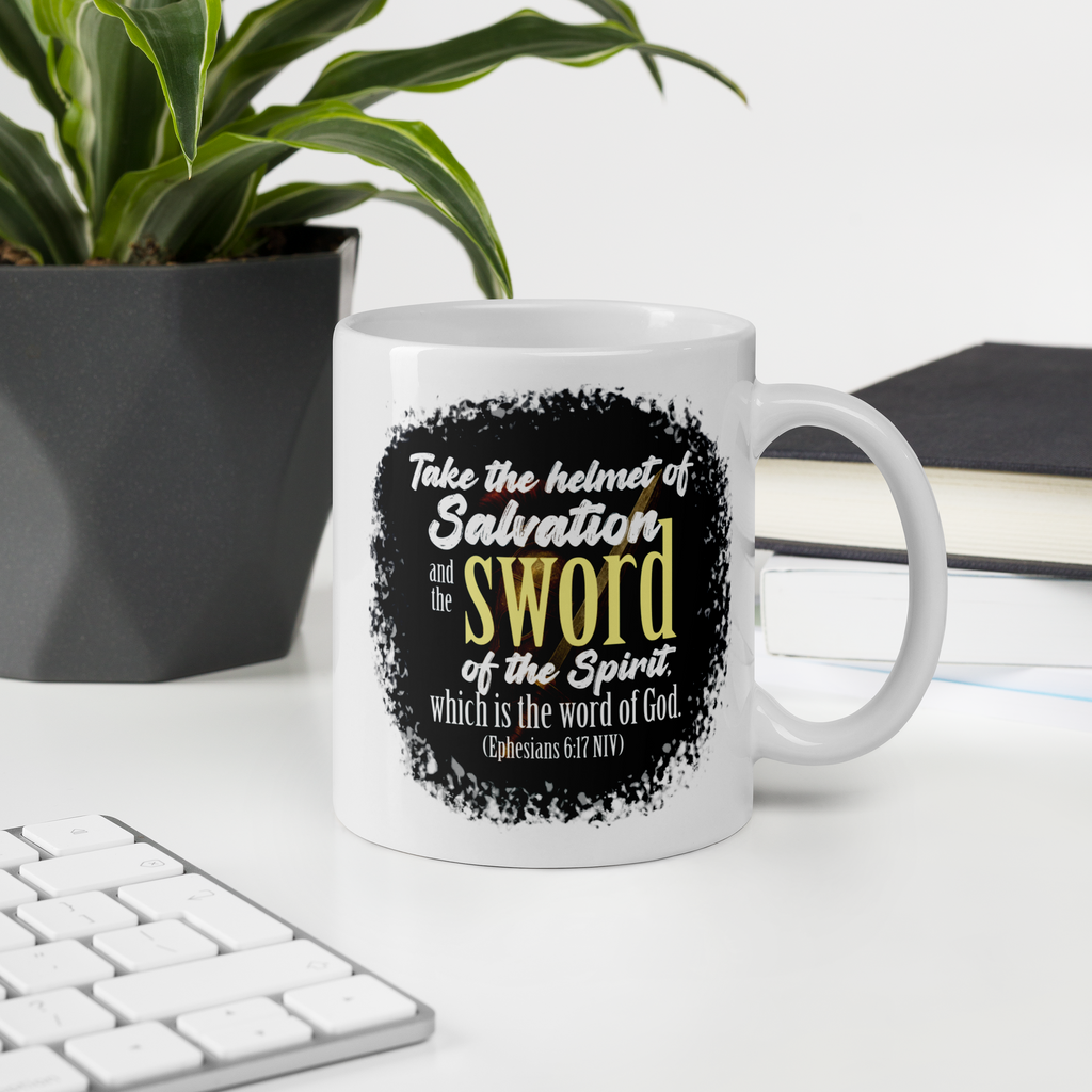 Sword & Salvation: Ephesians 6:17 White Glossy Mug (11 oz / 15 oz / 20 oz)