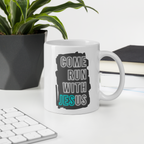 Come Run With Jesus Neon Blue White Glossy Mug (11 oz / 15 oz / 20 oz)