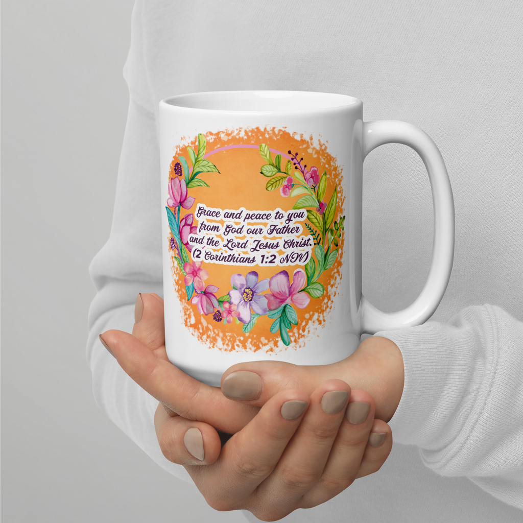 Grace & Peace Blooms: 2 Corinthians 1:2 White Glossy Mug (11 oz / 15 oz / 20 oz)
