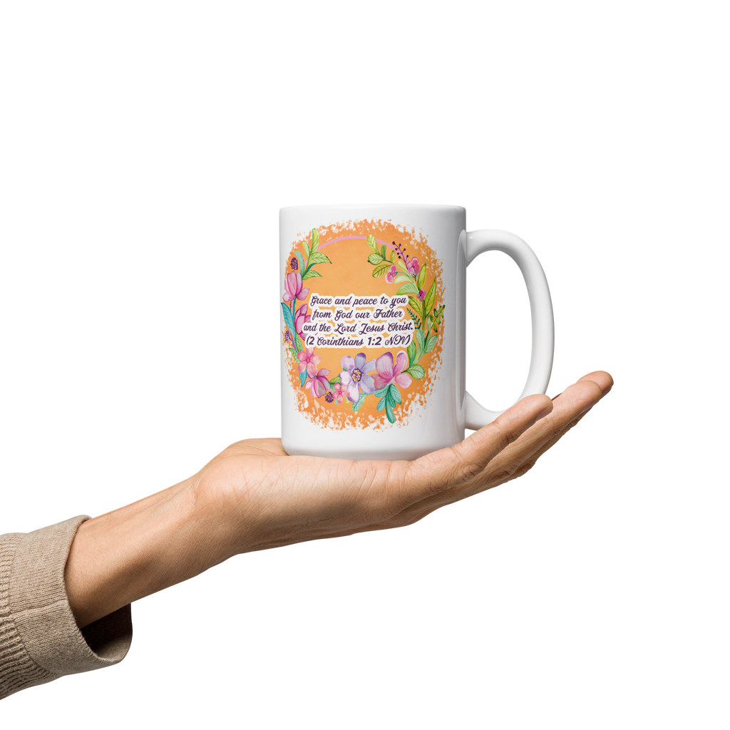 Grace & Peace Blooms: 2 Corinthians 1:2 White Glossy Mug (11 oz / 15 oz / 20 oz)