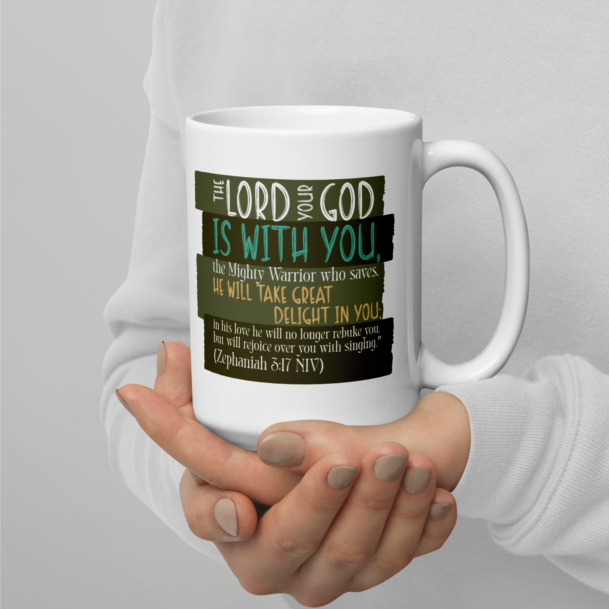 Rejoice in His Love: Zephaniah 3:17 White Glossy Mug (11 oz / 15 oz / 20 oz)