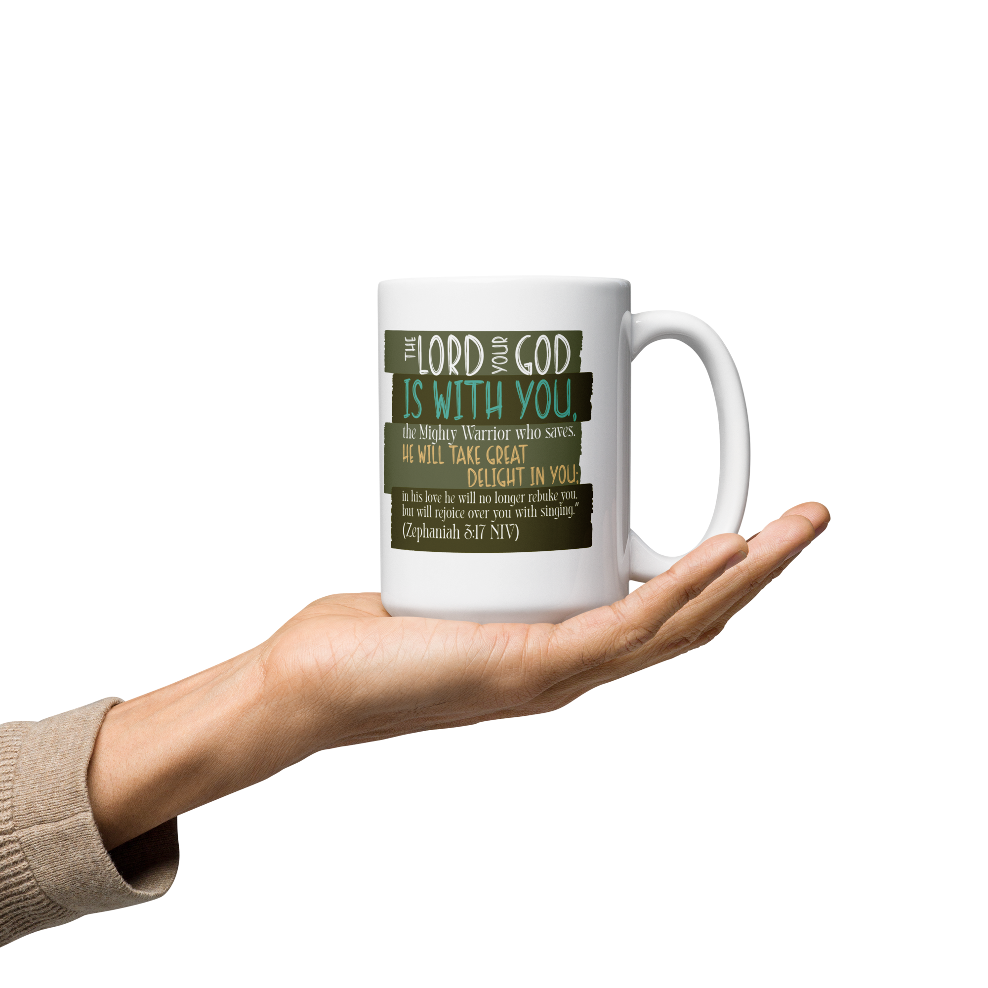 Rejoice in His Love: Zephaniah 3:17 White Glossy Mug (11 oz / 15 oz / 20 oz)