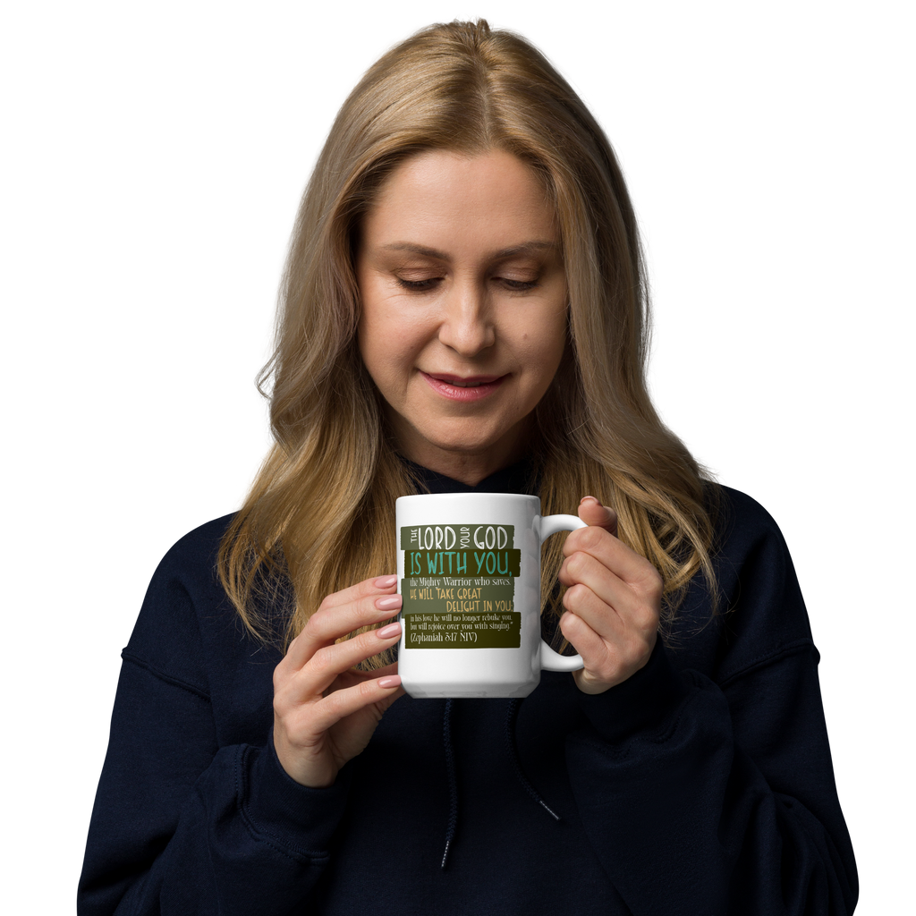 Rejoice in His Love: Zephaniah 3:17 White Glossy Mug (11 oz / 15 oz / 20 oz)