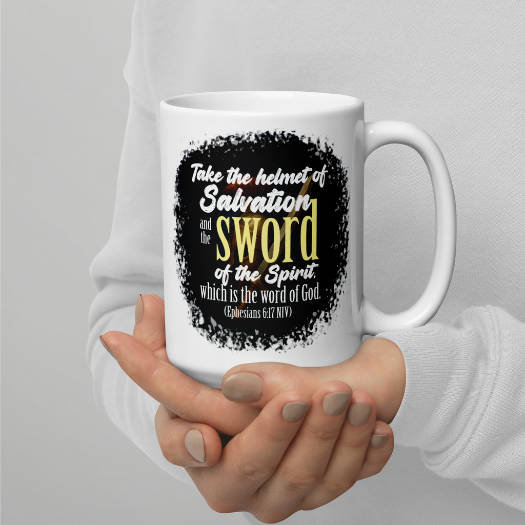Sword & Salvation: Ephesians 6:17 White Glossy Mug (11 oz / 15 oz / 20 oz)