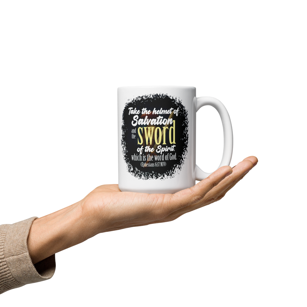 Sword & Salvation: Ephesians 6:17 White Glossy Mug (11 oz / 15 oz / 20 oz)