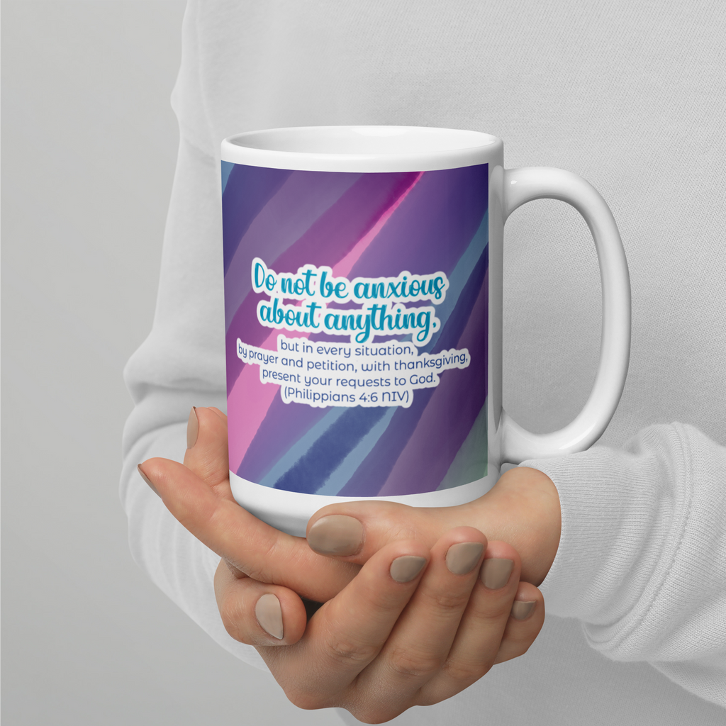 Prayer & Gratitude: Philippians 4:6 White Glossy Mug (11 oz / 15 oz / 20 oz)