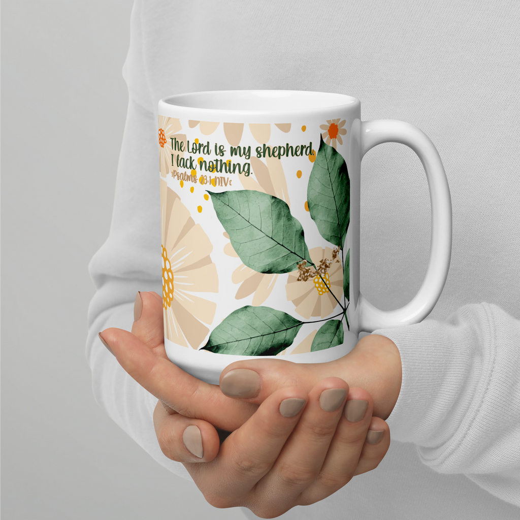 The Lord Is My Shepherd: Psalm 23:1 White Glossy Mug (11 oz / 15 oz / 20 oz)