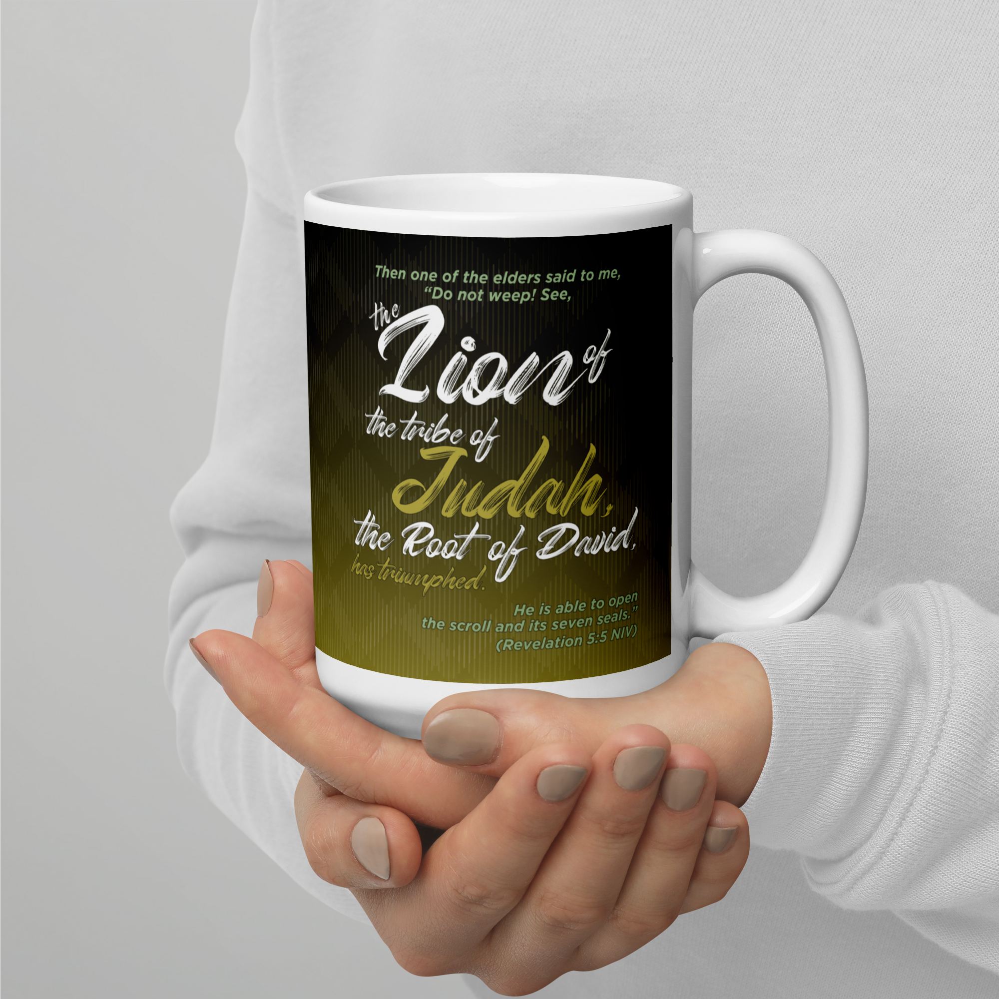 Lion of Judah & Root of David: Revelation 5:5 White Glossy Mug (11 oz / 15 oz / 20 oz)