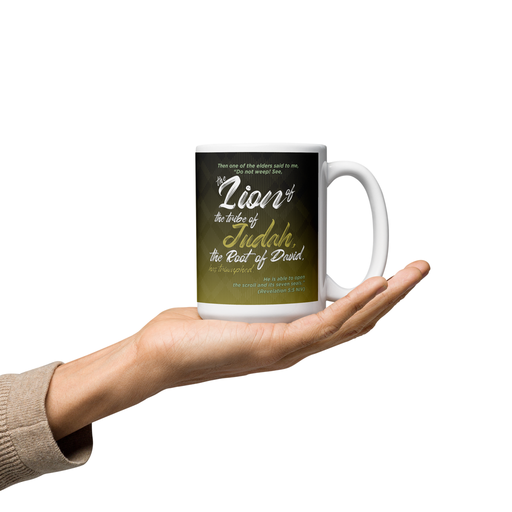 Lion of Judah & Root of David: Revelation 5:5 White Glossy Mug (11 oz / 15 oz / 20 oz)