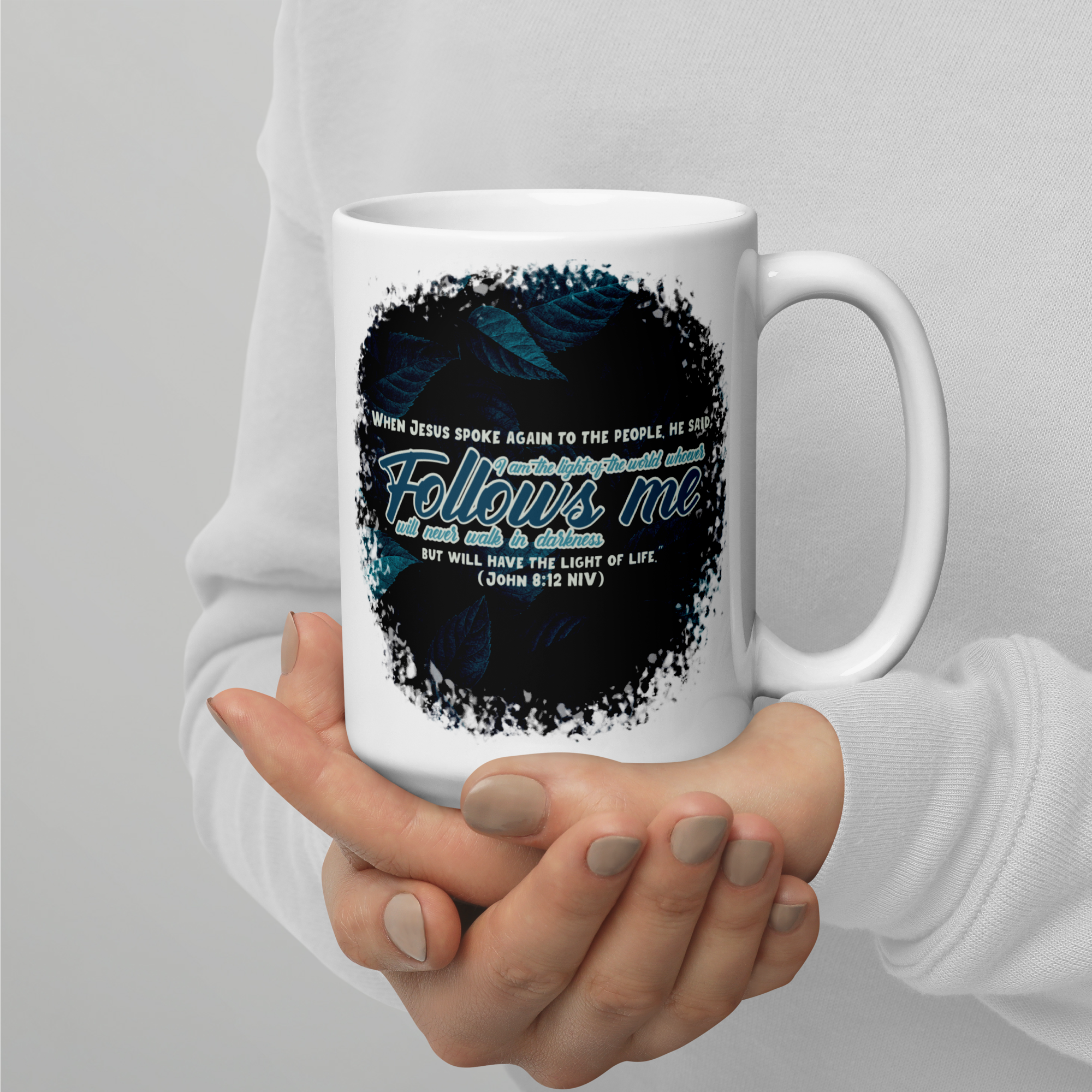 Light Of The World: John 8:12 White Glossy Mug (11 oz / 15 oz / 20 oz)