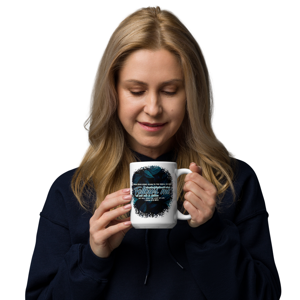 Light Of The World: John 8:12 White Glossy Mug (11 oz / 15 oz / 20 oz)