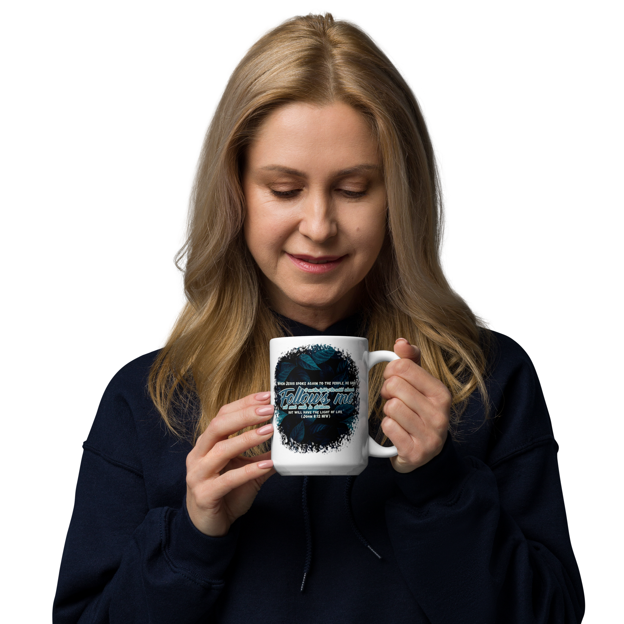 Light Of The World: John 8:12 White Glossy Mug (11 oz / 15 oz / 20 oz)