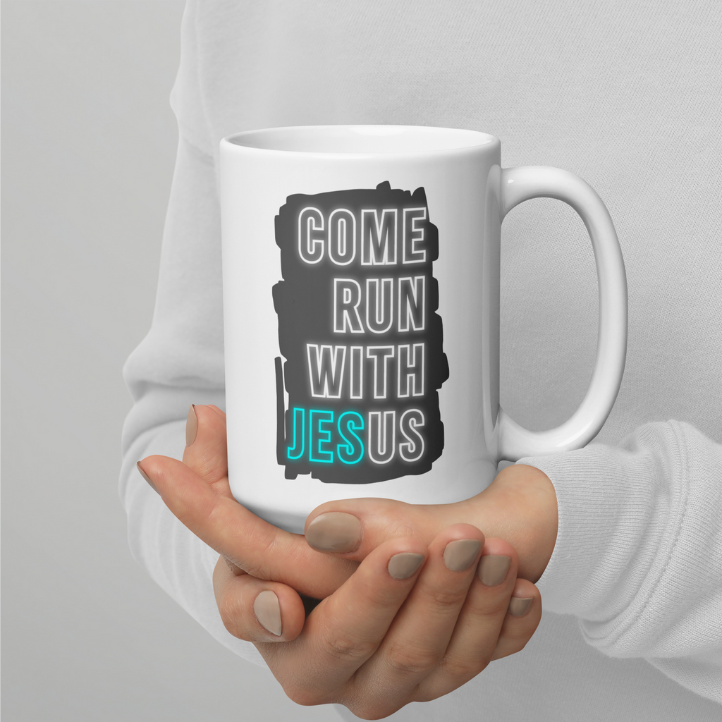 Come Run With Jesus Neon Blue White Glossy Mug (11 oz / 15 oz / 20 oz)
