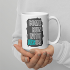 Come Run With Jesus Neon Blue White Glossy Mug (11 oz / 15 oz / 20 oz)