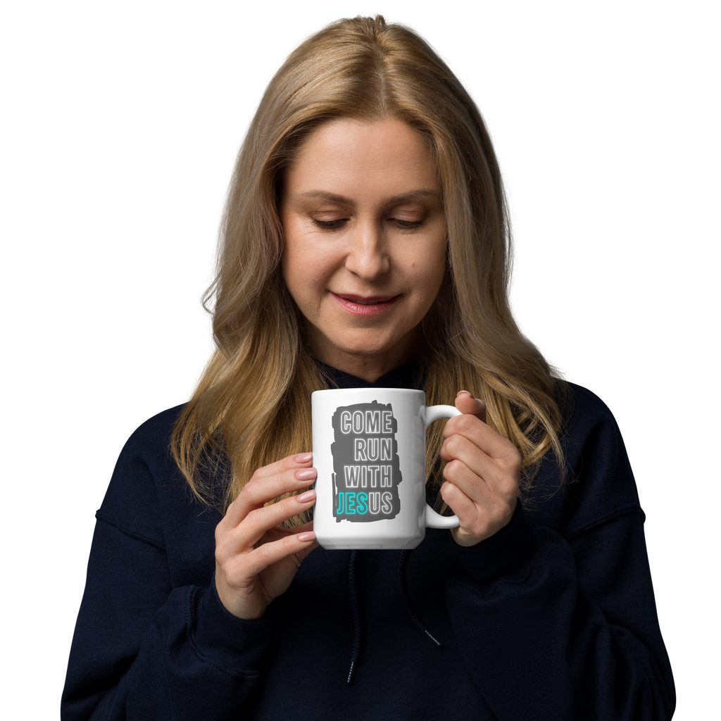 Come Run With Jesus Neon Blue White Glossy Mug (11 oz / 15 oz / 20 oz)