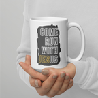 Come Run With Jesus Gold White Glossy Mug (11 oz / 15 oz / 20 oz)
