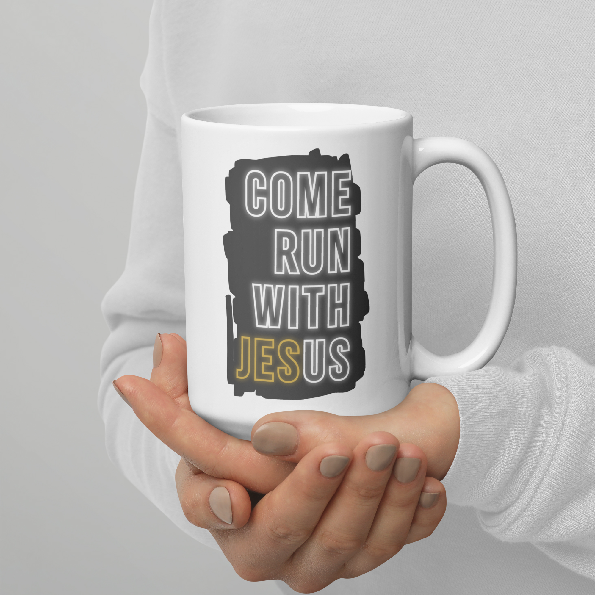 Come Run With Jesus Gold White Glossy Mug (11 oz / 15 oz / 20 oz)