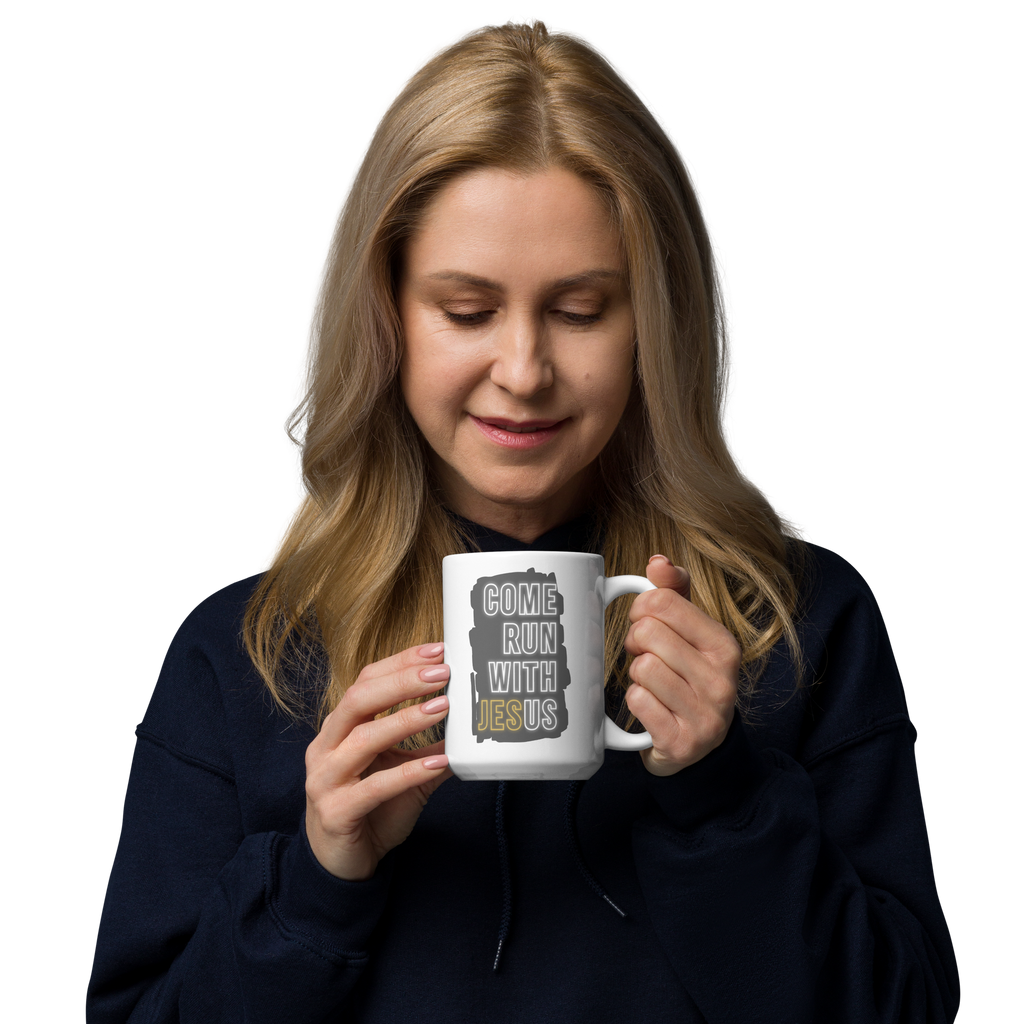 Come Run With Jesus Gold White Glossy Mug (11 oz / 15 oz / 20 oz)
