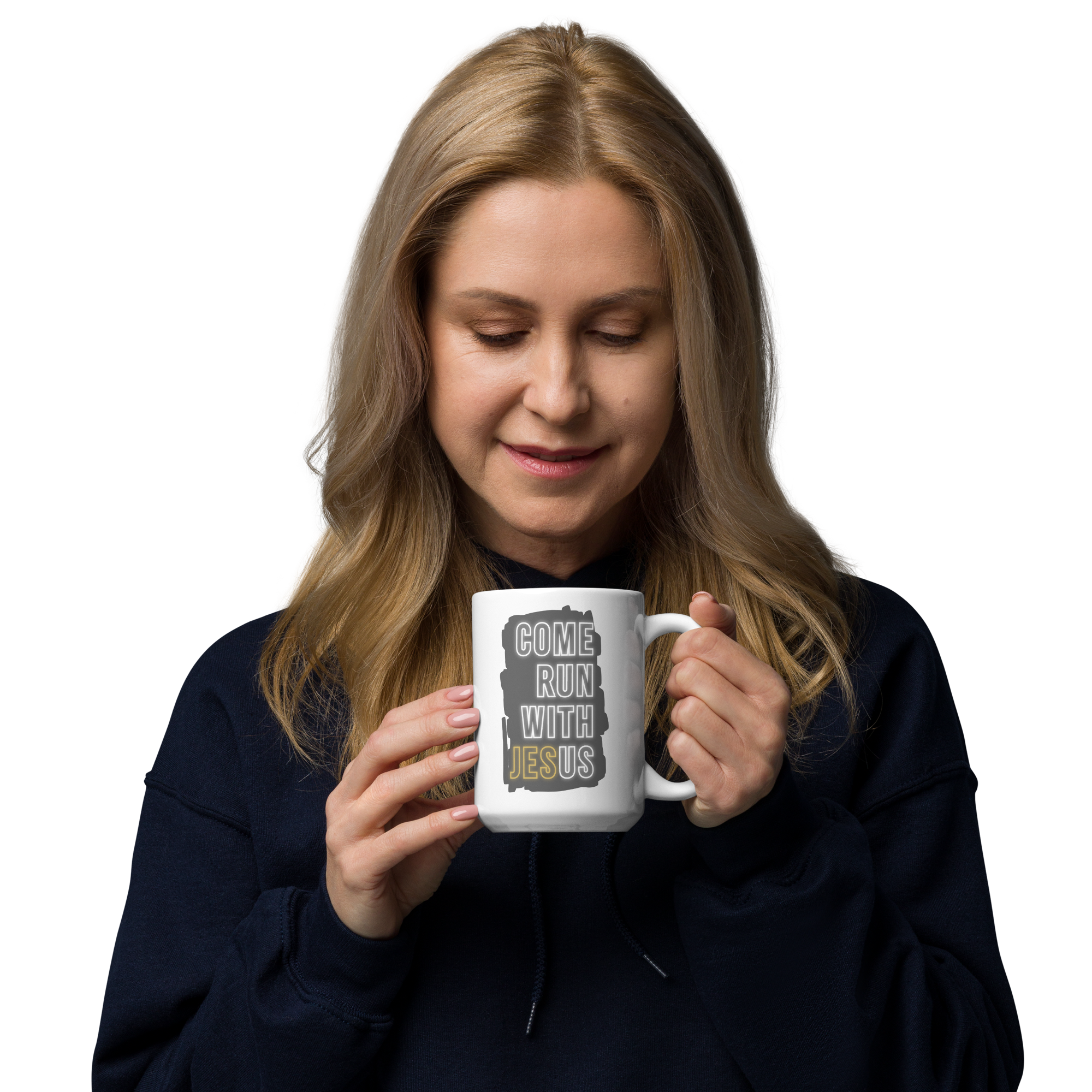 Come Run With Jesus Gold White Glossy Mug (11 oz / 15 oz / 20 oz)