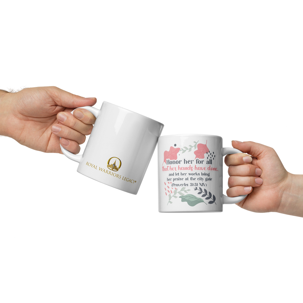 Fruitful Hands: Proverbs 31:31 White Glossy Mug (11 oz / 15 oz / 20 oz)
