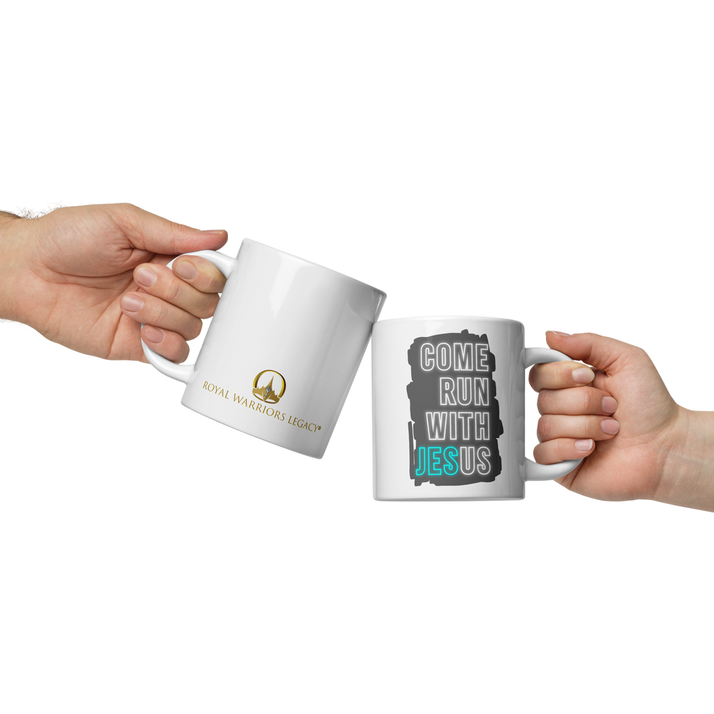Come Run With Jesus Neon Blue White Glossy Mug (11 oz / 15 oz / 20 oz)