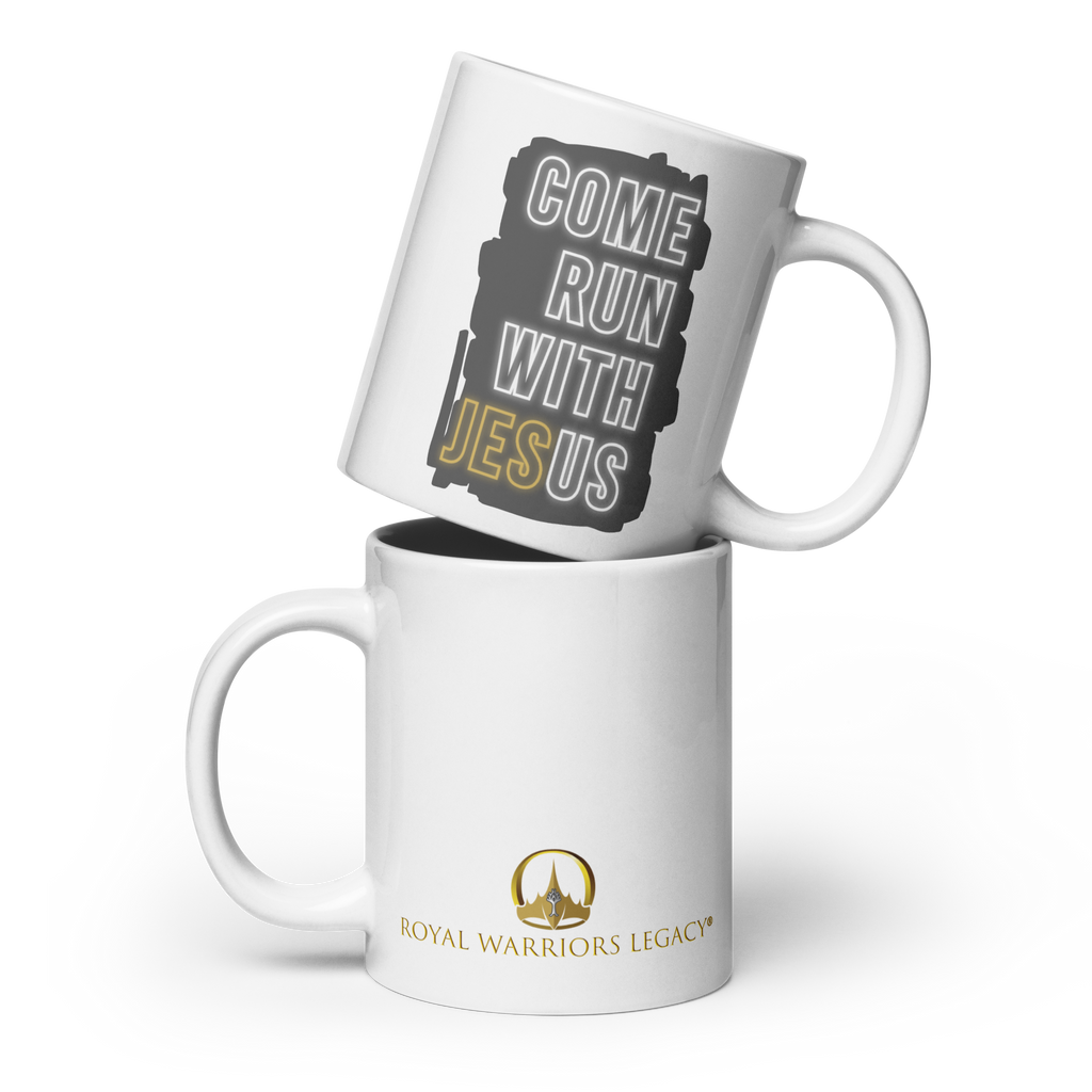 Come Run With Jesus Gold White Glossy Mug (11 oz / 15 oz / 20 oz)