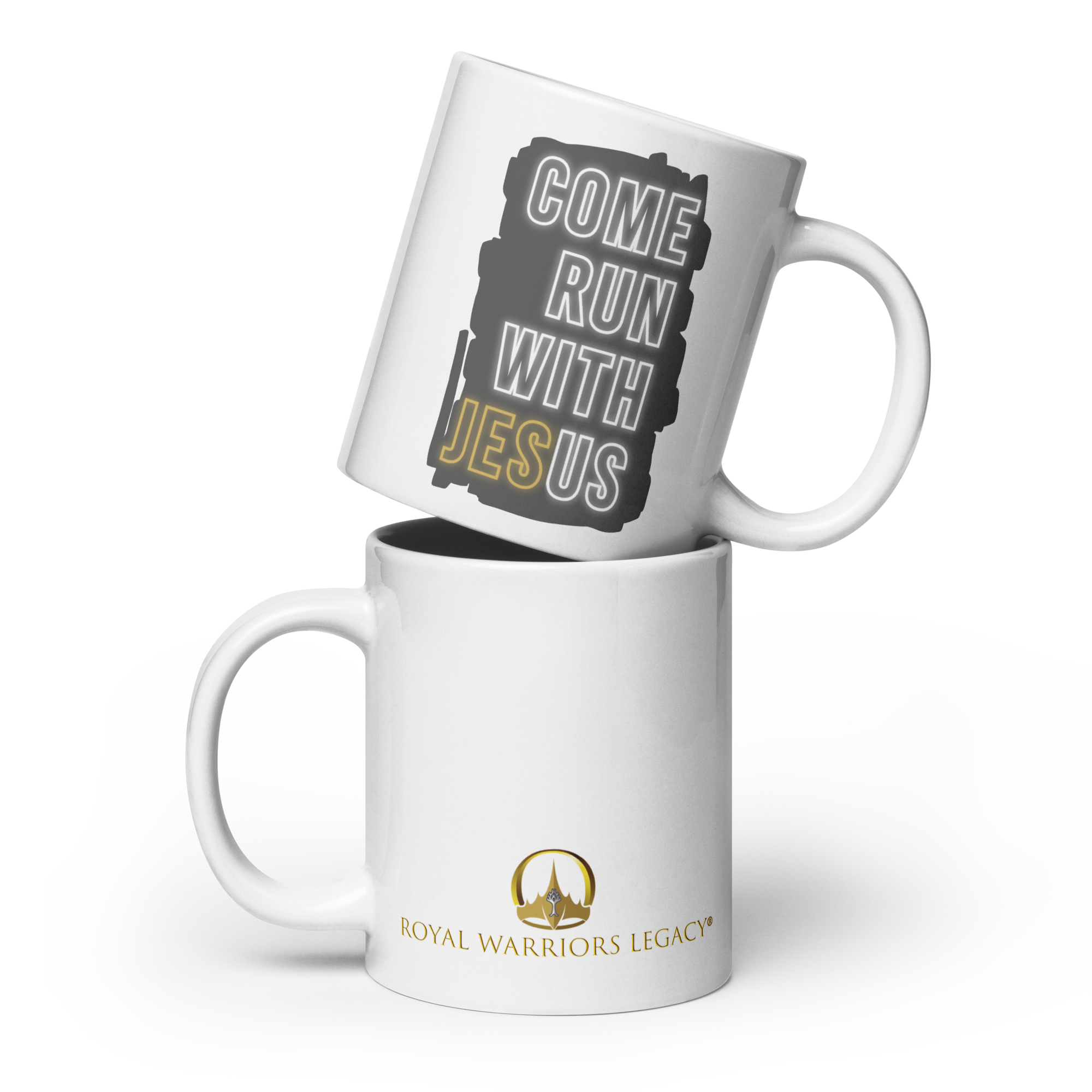 Come Run With Jesus Gold White Glossy Mug (11 oz / 15 oz / 20 oz)