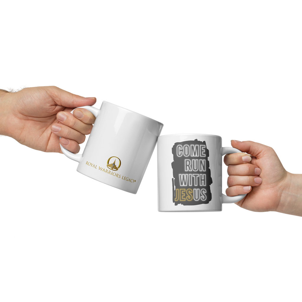 Come Run With Jesus Gold White Glossy Mug (11 oz / 15 oz / 20 oz)