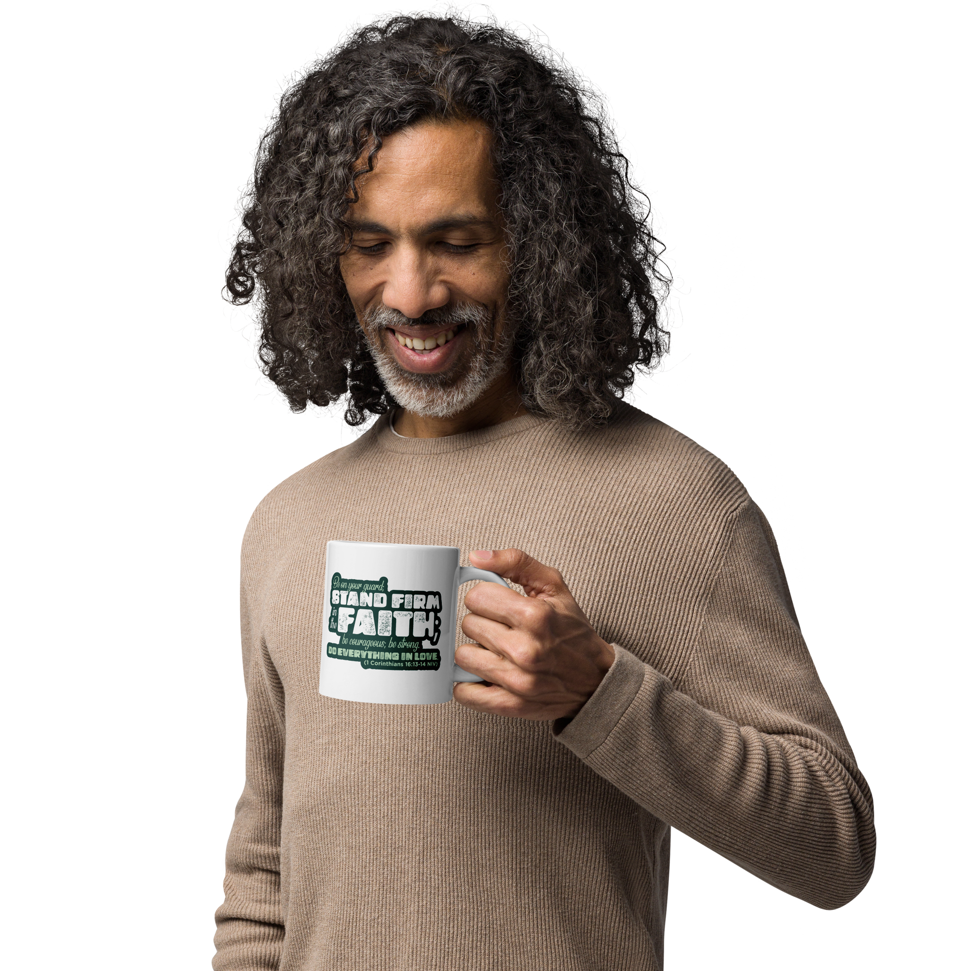 Stand Firm in Faith: 1 Corinthians 16:13-14 White Glossy Mug (11 oz / 15 oz / 20 oz)